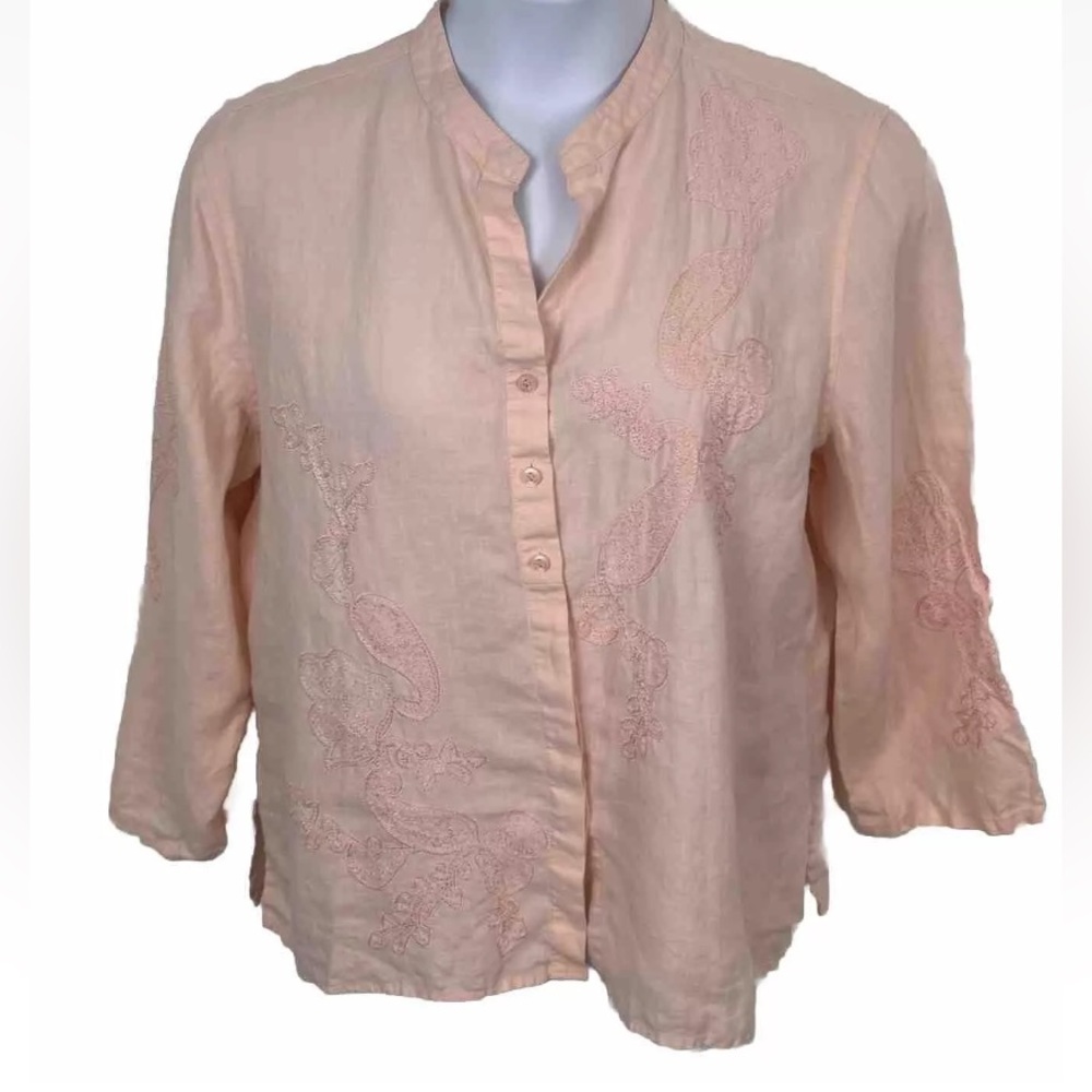 Liz Claiborne Pink‎ Embroidered 100% Blouse size XL Mandarin Collar Bohemian